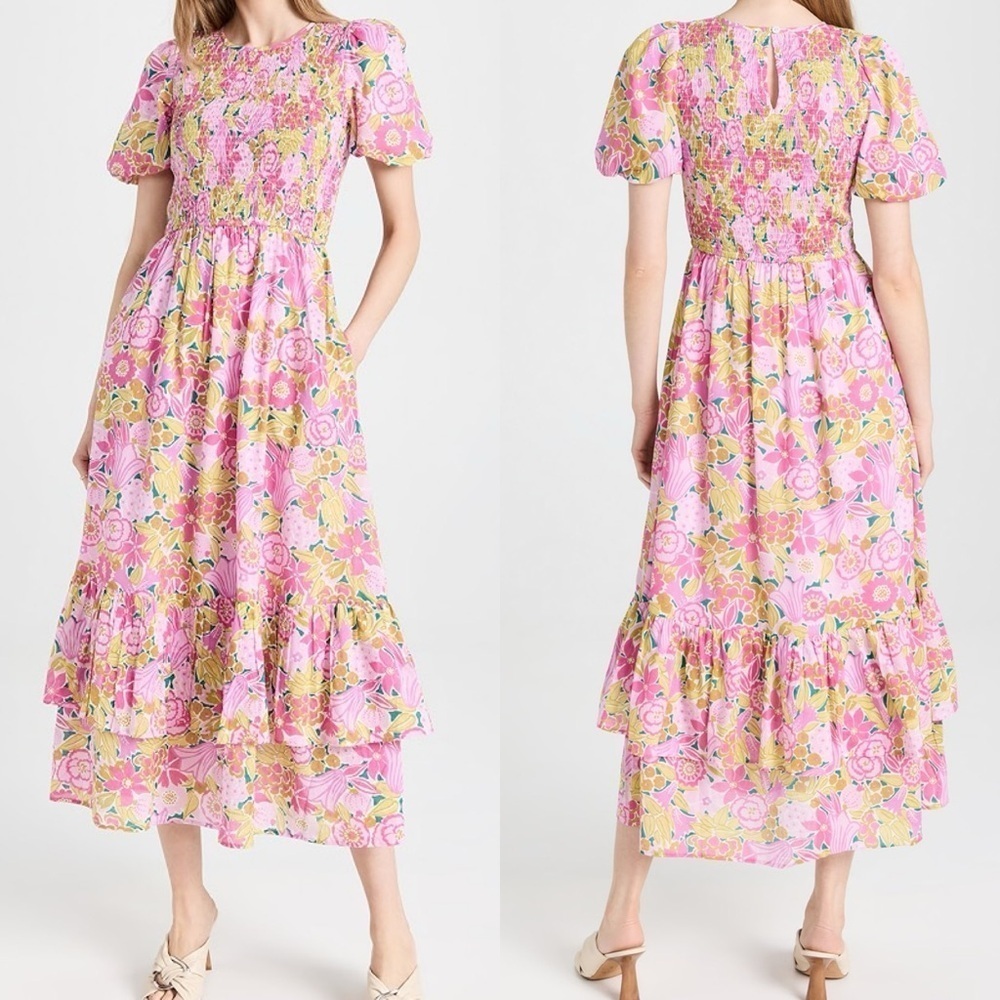 Banjanan Quant Floral Smocked Puff Sleeve Maxi Dress Cotton Medium romantic - Picture 1 of 9